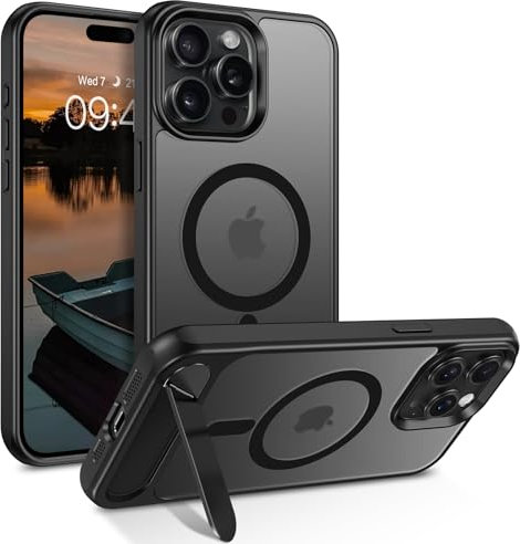 GUAGUA for iPhone 15 Pro Case Magnetic, iPhone 15 Pro Case with Stand Foldable Invisible Kickstand Translucent Matte Back Slim Protective Shockproof Phone Case for iPhone 15 Pro 6.1, Black