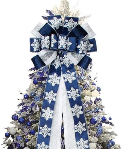 Glitter Christmas Tree Topper Bow with 53 Inch Blue Streamers Velvet Wired Ribbon,Large Christmas Bows with Snowflake Patterned for Wedding, Christmas,Party Decoration