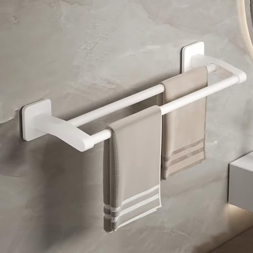 Porte-serviettes - Sans perçage - Porte-serviettes de bain autocollant - Porte-serviettes mural - Double pour salle de bain et cuisine - 50 cm - Blanc