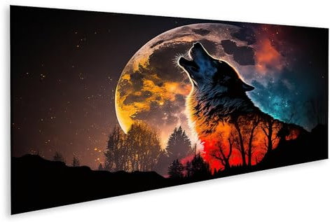 islandburner Prime Bild auf Leinwand Doppelbelichtung Heulender Wolf Silhouette Vollmondhimmel Bilder Wandbilder Poster