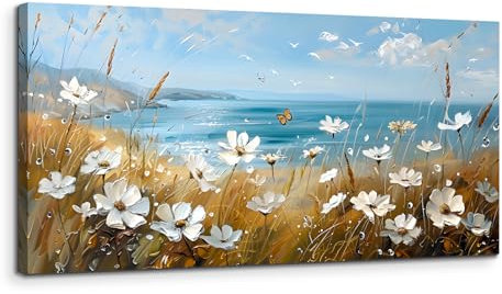 MHARTK66 Blumenmeer am Meer Leinwand Bilder, 50x100 cm Groß Wandbilder Wohnzimmer Blauer Himmel Ozean Landschaft Bild Aesthetic, Modern Wanddeko Kunstdruck Schlafzimmer Badezimmer Büro Esszimmer