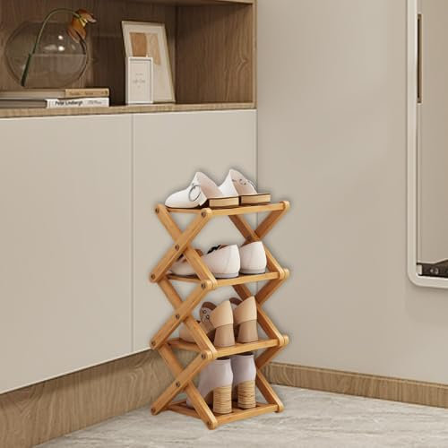 BlyeMichdi Bambus Faltbare Schuhe Veranstalter, Vertikales Schmales Schuhregal 4 Ebenen, Bambus Regal, Freistehende Regal für Eingang, Freistehendes Schuhregal für Korridore/Schlafzimmer/Ecke