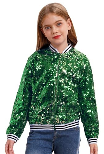 inhzoy Unisex Kinder Glänzende Pailletten Jacke Langarm Glitzer Bomberjacke Mit Reißverschluss Sport Freizeitjacke Streetdance Hip Hop Jacke Grün_A 122-128