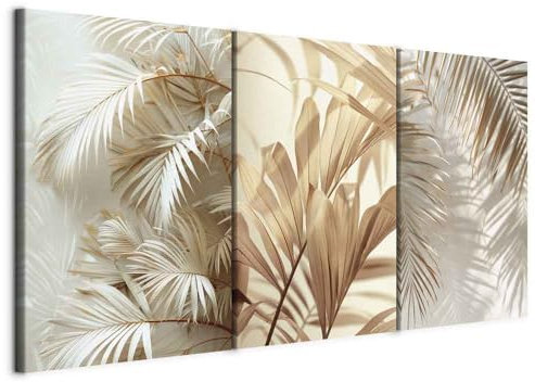 murando - Tableau triptyque mural ensemble de 3 pièces 120x60 cm – Impression sur toile pour salon et chambre - Composition de feuilles - Feuilles de palmier beiges et blanches b-H-10167-b-a