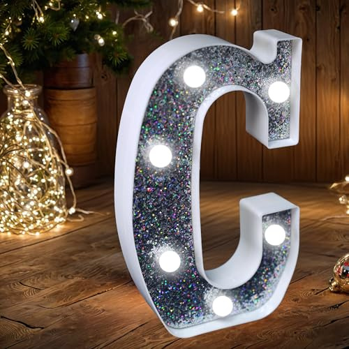 LED-Festzelt-Buchstabenlichter, batteriebetriebenes silbernes Glitzer-Buchstabenschild als Nachtlicht für Geburtstagsparty, Hochzeit, Heimdekoration, Babyparty – C