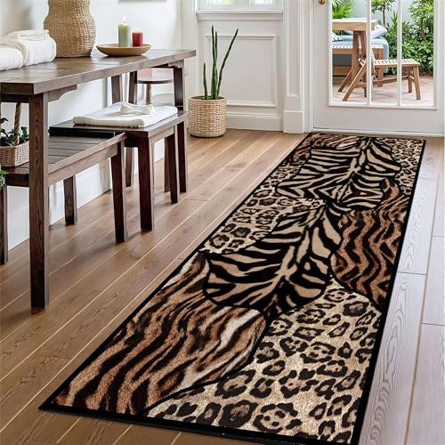 YJDRUG Schwarz-Brauner Leoparden-Teppich 60x150 cm - Tierhaut-Imitat mit Rutschfester Gummibeschichtung & waschbar - Ultraweicher Deko-Teppich für Wohnzimmer, Schlafzimmer & Küche