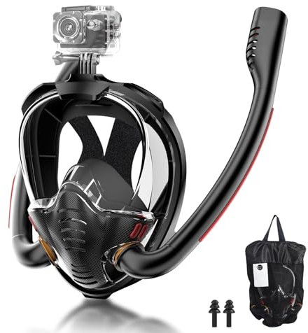Schnorchelmaske für Erwachsene, Tauchmaske - CO2 Sichere Schnorchelset Erwachsene, Doppelrohr-Tauchermaske Vollgesichtsmaske mit Sportkamerahalterung (Schwarz, S/M)
