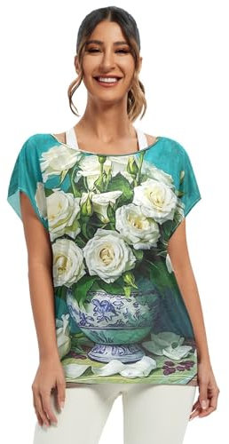 Magnifique bouquet de roses blanches pour femmes, chemisier à épaules dénudées, chemisier décontracté à manches chauve-souris pour femmes, tailles S à XXL, Magnifique bouquet de roses blanches
