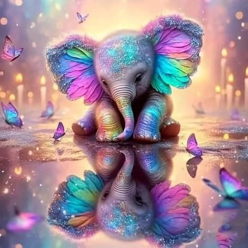 5D Diamond Painting Satz Geeignet für Anfänger und Erwachsene, DIY buntes rundes Schmetterlinge Elefanten Diamantgemälde, Edelstein Kunst Set, Geeignet für die Wanddekoration zu Hause, 30x30 cm