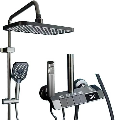 Duscharmatur Komplettset, Duschsäule mit quadratischem Kopf, Regendusche mit Armatur, Duschsystem mit 4 Betriebsmodi, digitale LED-Anzeige, Pistolengrau Wasserhahn Duschset