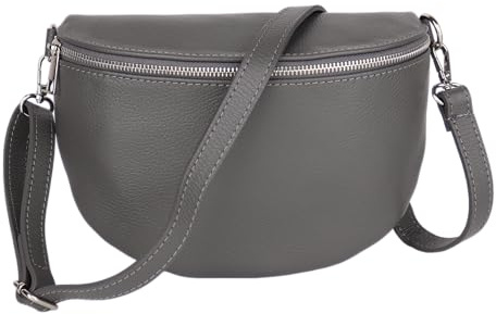 MIRROSI Damen Bauchtasche aus Echtleder, Made in Italy. Als Umhängetasche, Brust- oder Schultertasche tragbar, 26x20x8 cm, Reißverschlussfach hinten. (Dunkelgrau Basic Version)