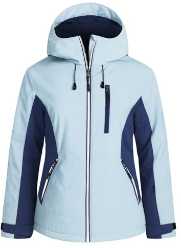 GEMYSE Damen Skijacke Wasserdichte Winterjacke Winddichte Schneejacke Warme Snowboardjacke Isoliert mit Kapuze(Himmelblau mit Dunkelblau,L)