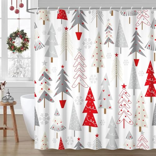 Uiiooazy Duschvorhang 180x180cm, Duschvorhang Anti Schimmel Grau Weihnachten Abstrakt Wald Weihnachtsbaum Duschvorhänge Stoff Waschbar Wasserdicht Polyester Bad Vorhang mit 12 Haken für Badezimmer