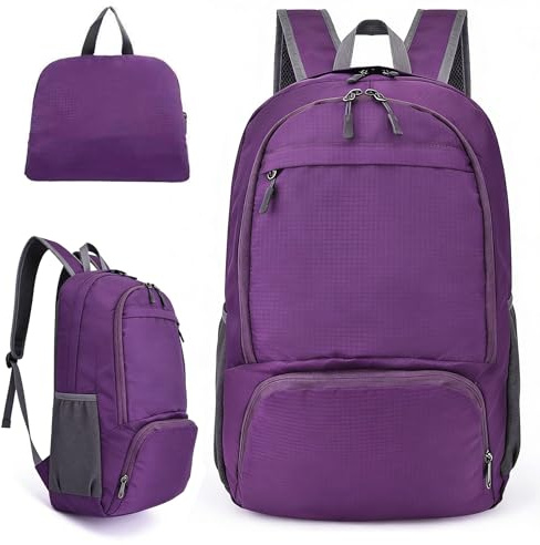 Foldable Travel Backpack 30L Hiking Backpack - Waterproof Rucksack, Lightweight Foldable, Multi-Scene Use Work Outdoor Cycling Camping Walking Sport Daypack, Men & Women Large Bag (Deep purple)