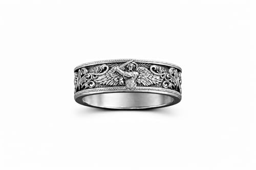 ERZENGEL MICHAEL Ring aus 925 Sterling Silber für Herren, Bandring mit Erzengel-Relief, Symbol für Schutz, Stärke, Gerechtigkeit und geistige Kraft, markanter Männerring