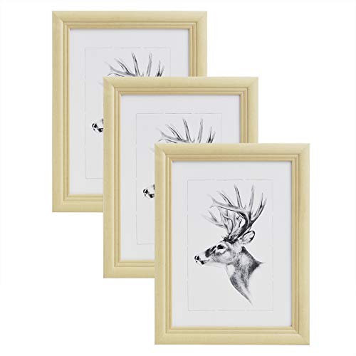 WOLTU Bilderrahmen 10x15cm 3er Set Fotorahmen Holzrahmen mit Passepartout, zum vertikalen oder horizontalen Aufhängen/Aufstellen, Posterrahmen Collage Wanddeko, Naturfarbe