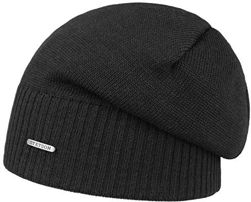 Stetson Merino Oversize Beanie Damen/Herren - Strickmütze aus Wolle - Made in Italy - Wintermütze gefüttert - Beanie mit Fleecefutter und UV-Schutz - Mütze Herbst/Winter schwarz One Size