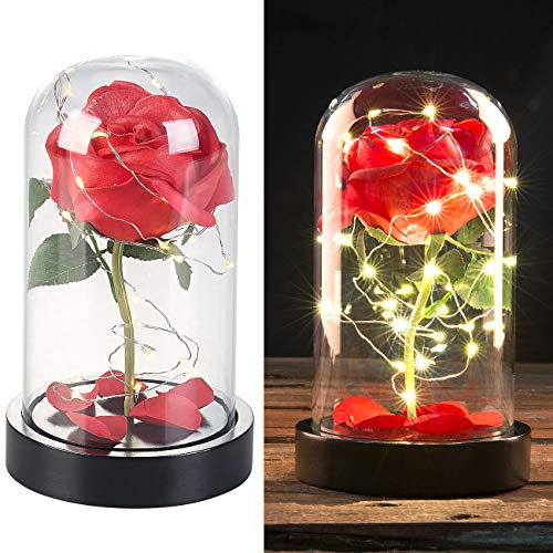 Lunartec Preserved Flowers - Rosa nel Bicchiere: Rosa Artificiale in Cupola di Vetro Reale, Illuminazione a LED, Base in Legno massello (nel Bicchiere con GUIDATO, Artificiale, impianti)