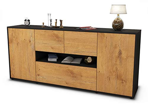 Stil.Zeit Sideboard Elisabetta, Korpus anthrazit matt, Front Holz-Design Eiche (180x79x35cm) Push-to-Open Technik