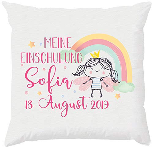 EZYshirt® Geschenk zur Einschulung | Meine Einschulung mit Wunschname und Wunschdatum | Prinzessin & Dino Kissen