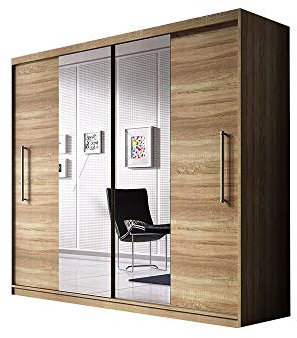 Armoire coulissante Nico 203 cm – 2 Portes avec Miroir et Tringle – penderie Moderne avec Grand Espace de Rangement pour Chambre ou entrée (Sonoma)