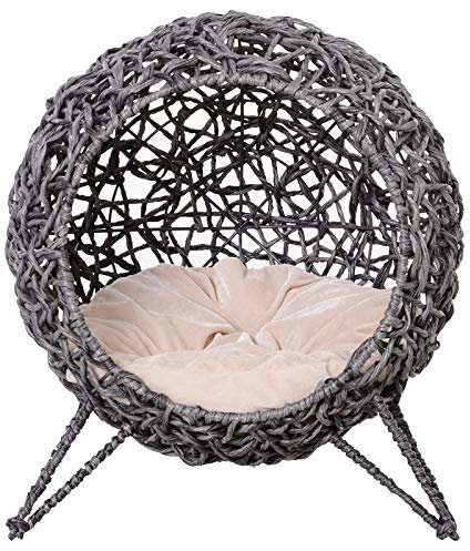 PawHut Panier Chat lit surélevé Chat Cosy Niche Grotte Grand Confort dim. Ø 52 x 58H cm Coussin Moelleux Inclus résine tressée Imitation rotin Gris