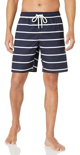 Amazon Essentials Short de Bain de 23cm avec Doublure en Maille, Poches, Fermeture à Cordon Homme, Bleu Marine Rayures, XL