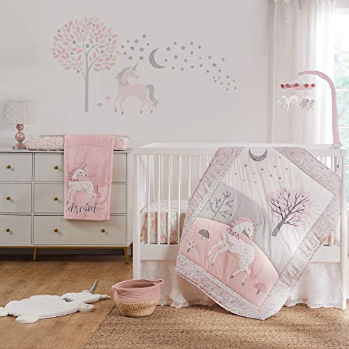 Levtex Baby Bettwäsche Colette für Wiege - Grau Rosa Weiß - Einhorn - 5-teiliges Set bestehend aus Steppdecke, 2 Spannbettlaken, Wand-Aufkleber und Rock / Lenkrad Staubdicht