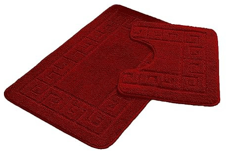 FAIRWAYUK Bathroom Mats Sets 2 Pieces, Ultra Plush Greek Pattern Bath Toilet Mat Anti Slip Pedestal Set, Extra Absorbent 100% Polypropylene Rug, Bathroom Accessory (Red)