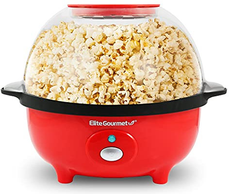 Elite Gourmet Automatic Stirring Popcorn Maker Popper, Electric Hot Oil Popcorn Machine with Measuring Cap & Built-in Reversible Serving Bowl, Great for Home Party Kids, Safety ETL Approved, Red