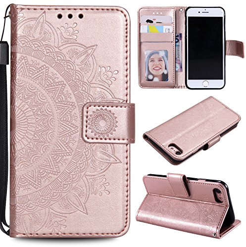 EYZUTAK Case for iPhone SE(5G) 2022 iPhone 7 iPhone 8 iPhone SE 2020, Premium Leather Flip Wallet Case Card Slots Holder Kickstand Hand Strap Mandala Half Flower Embossed Shockproof Cover - Rose Gold