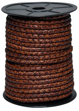 Cords Essentials Round Braided Genuine Leather String Bolo Cord, Rope for Jewelry Making, Necklaces, Bracelets, Wraps, Crafts and Hobby Projects (Distressed Light Brown, 5 MM 5.46 Yards = 5 MTR SPOOL)