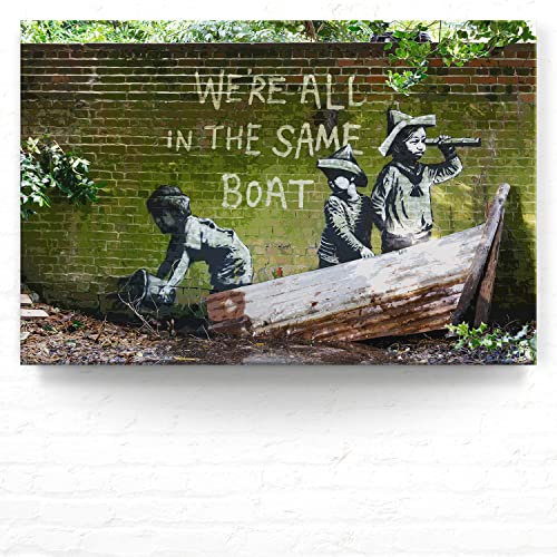 Banksy Bild als Leinwand Wandbild, in the same Boat 90x60cm cm groß dargestellt, Street Art Banksy-Style als Kunstdruck zur Wand-Deko. Banksy Bilder als Leinwand für Wohnzimmer, Büro
