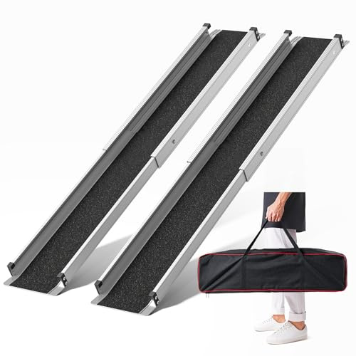 KOLOTOOL Adjustable Wheelchair Ramp 7FT Telescoping Portable Wheelchair Ramps for Steps Ramps for Wheelchair for Home with Storage Bag Aluminum Non-Skid Ramps 84 L x 7.4 W 600lbs Capacity (2 Pack)