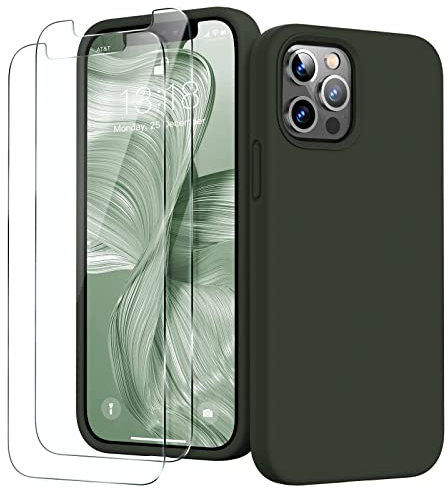 GOODVISH 3 in 1 Designed for iPhone 12 Case, iPhone 12 Pro Case with 2 Screen Protector, Liquid Silicone Soft Phone Case with Microfiber Lining Shockproof Full Protection Cover 6.1inch, Army Green