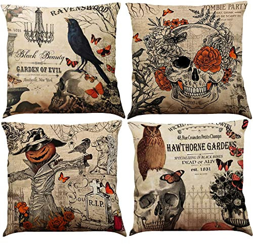 BINXWA 4 Stück Halloween Kissenbezug,Vogelscheuche Schädel kürbis Kissen Baumwolle Leinen Halloween deko gruselig Kissenbezug 45x45cm