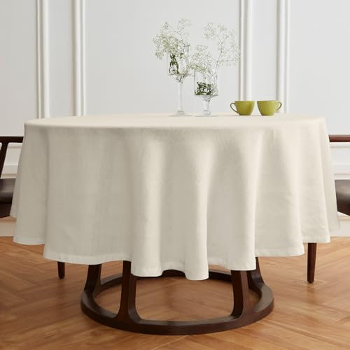 Solino Home Runde Leinen-Tischdecke, 178 cm Durchmesser, 100 % reines Leinen, vorgewaschene Elfenbein-Tischdecke, Sonoma, maschinenwaschbar, runde Tischdecke für drinnen und draußen