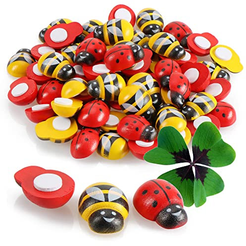 Robin Goods® 60x Glücksbiene und Marienkäfer aus Holz - Selbstklebende Marienkäfer & Bienen - Aufkleber zum Basteln - Glücksbringer - Bastelzubehör (60 Stück - rot/gelb)