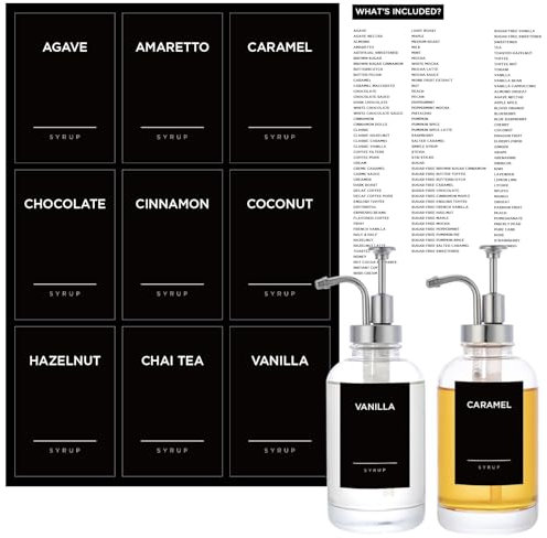 120 Stück Kaffeesirup-Etiketten für Kaffeebar, Joyfulmap minimalistische wasserdichte Vinyl-Aufkleber für Sirupspender, Flaschen, vollständigste Etiketten-Set für die Küchenorganisation (schwarz)