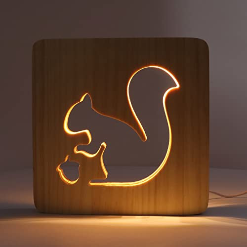 Hölzerne Nachtlichter, 7,40x7,40x1,18 Zoll niedliches Eichhörnchen LED-Tier hohle Holzlichter Tastensteuerung Warmen Licht Nachtlicht mit USB Kabel für Kinderzimmer Dekoration Geburtstagsgeschenke