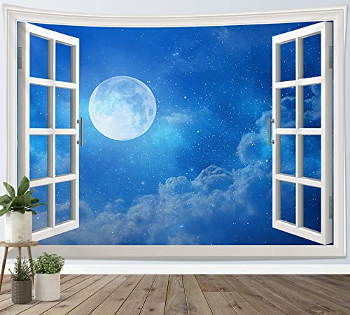 LB Wandteppich Blauer Nachthimmel Wandtuch Mond mit Wolke Wandbehang Naturlandschaft vor dem Fenster Tapisserie für Wohnzimmer Schlafzimmer Wohnheim Wanddeko,235x180cm