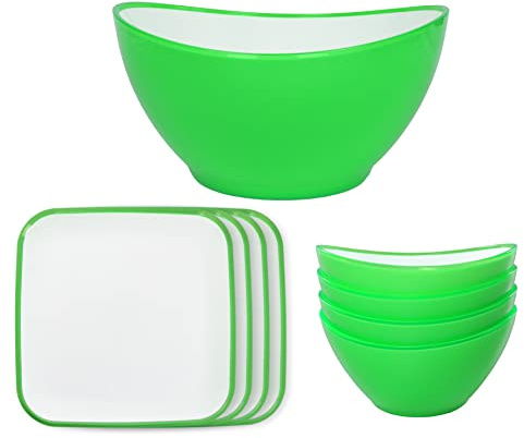 Linden Berg Geschirrset aus Kunststoff, 1x Schüssel groß 3,5 Liter, 4x Schüsseln klein 0,5 Liter, 4x Teller eckig 24,5 x 24,5 cm, bruchsicher, kratzfest, Spülmaschinengeeignet, grün weiß