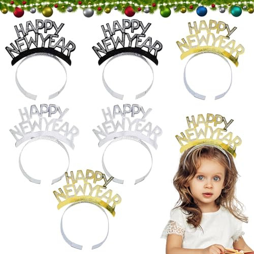 Giugio 6 Stück Happy New Year Haarreifen, 2025 Silvester Party Haarschmuck Zubehör Zubehör, Silvester Haarreif Krone Kopfbedeckung, Haarreifen Weihnachten Stirnband für Erwachsene und Kinder