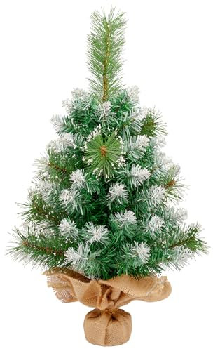 himaly 60 cm/2ft Künstlicher Tisch Mini Weihnachtsbaum mit Schneeflocken Dekoration, 2 Arten Kiefernblätter 65 Spitzen, Leinen-Baumwolle und Zementbasis für Weihnachtsdekorationen