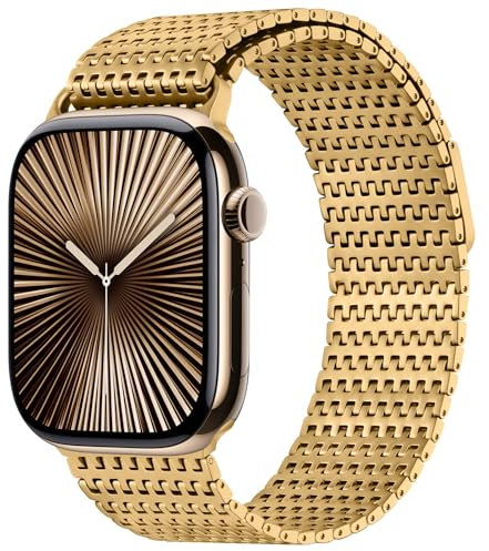Anlinser Compatibile con Cinturino Apple Watch 46mm 45mm 44mm 42mm, Cinturini di Ricambio Metallo con Chiusura Magnetica Compatibile con Apple Watch Series 10 9 8 7 6 5 4 3 SE, Oro