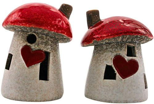 Dekohelden24 2er Set Keramik Pilze mit LED, roter Pilzhut mit Schornstein, mit Herzdeko und kleinen Fenstern als Muttertagsgeschenk, Größe: H/Ø ca. 11 x 8 cm
