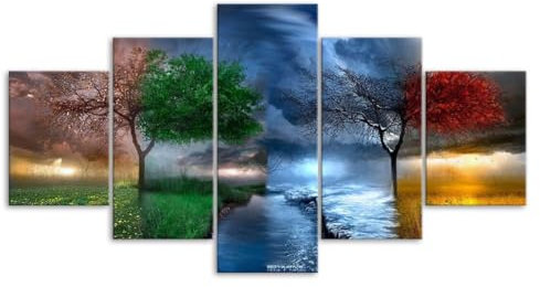 MHTGD Set Quadri Pronti Da Appendere 5 Pannelli Canvas Quadri Albero quattro stagioni tempo colorato natura Quadri Moderni Soggiorno Grandi Poster 5 Pannelli Per Arredare Casa Regalo