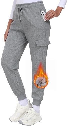 MoFiz Pantalone Tuta Felpata Donna Invernali Cotone Pantaloni Cargo Caldi Felpati in Pile Pantaloni da Sportivi Jogging Casual Trekking con Tasche Grigio Taglia XL