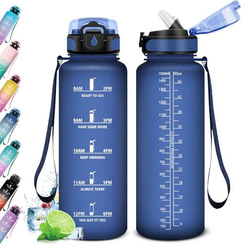 Sportflasche 1.5L, Trinkflasche Sport Wasserflasche mit Zeitmarkierung, Auslaufsicher Wasserflasche mit Strohhalm, Sport Wasserflasche für Fitness, Camping, Fahhrad, Outdoor, Erwachsene, Wandern