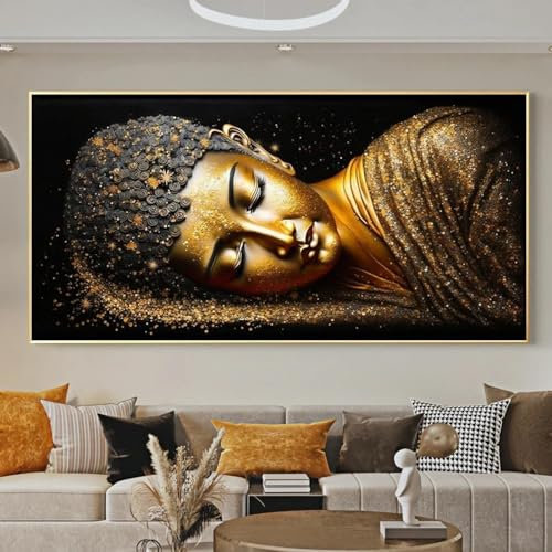 Moderne liegende goldene Buddha-Statue auf Leinwand, Wandkunst, religiöse Kunst, Poster und Drucke, für die Wohnzimmerdekoration, 30 x 60 cm, rahmenlos